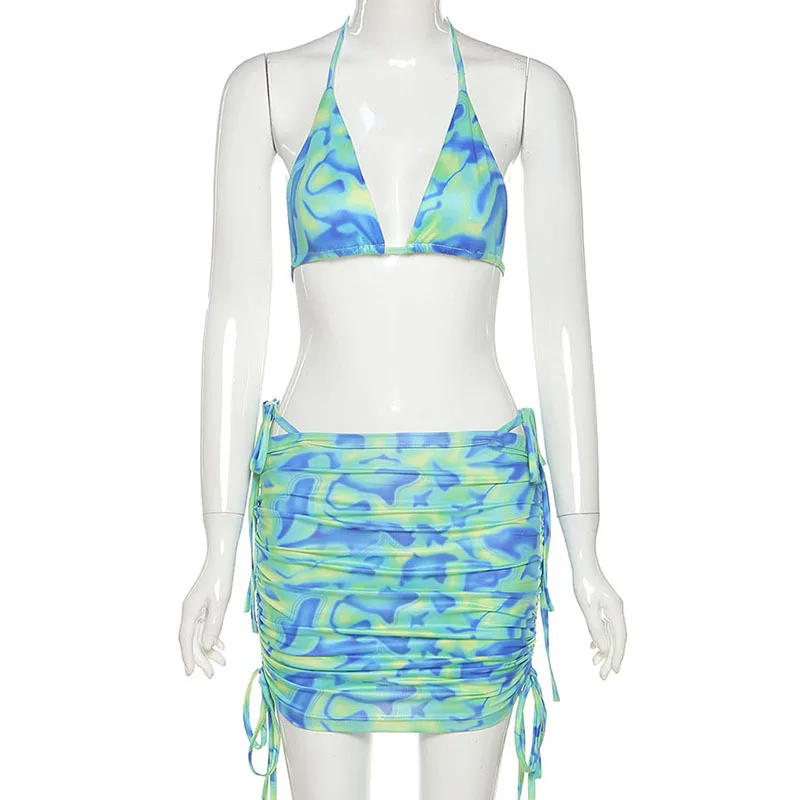 

2021 Sexy Printed Mini Skirts Sets with Bikini Top Womens Summer Clothing Beach Vacation Outfits Night Club Dress C83-BE16