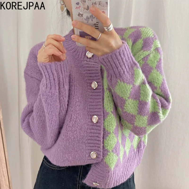 

Korejpaa Hit Color Argyle Cardigans Women Korea Autumn Single Breasted O-neck Sweater Knitwear Casual Short Top Gentle Elegant