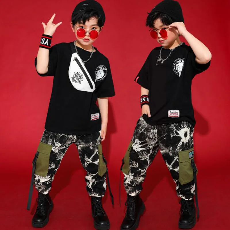 

Kids Hip Hop Danicng Clothing Black Tshirt TopsTactical Camo Cargo Pants for Girls Boys Dance Wear Costume Clothes Stage Wear