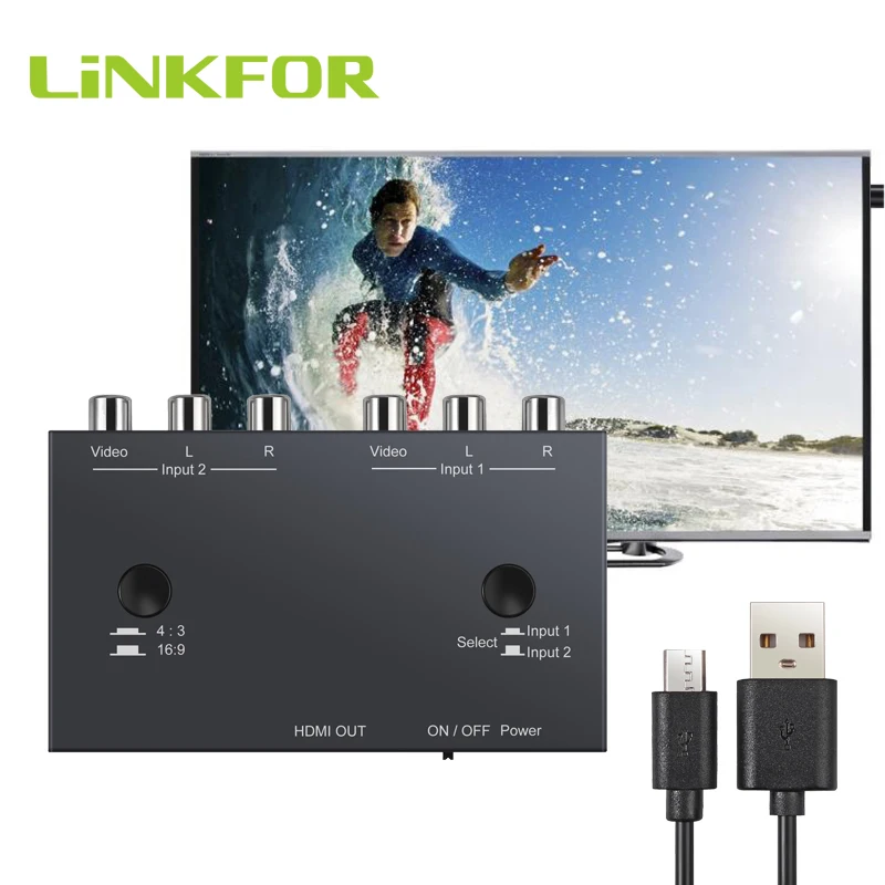 LiNKFOR 2 порта AV к HDMI совместимый конвертер RCA адаптер для WII N64 PS1 PS2 PS3 VHS VCR DVD