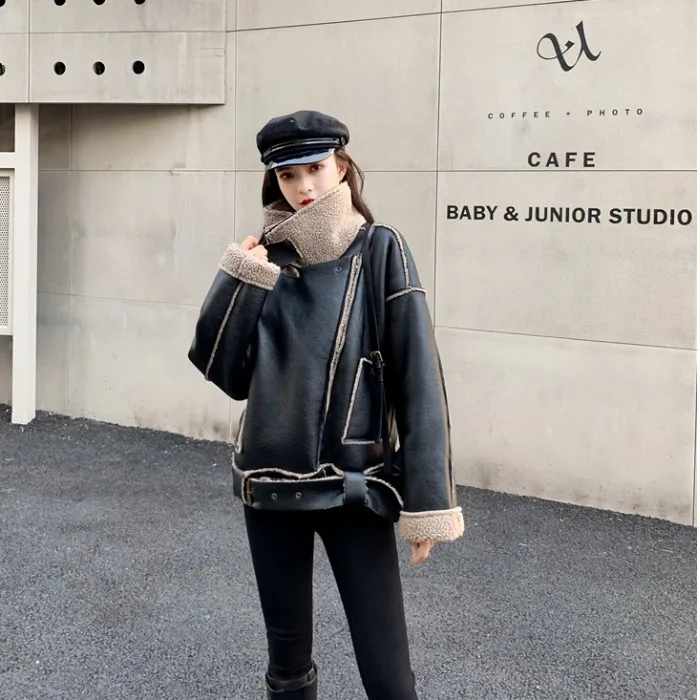 

2021 winter plus velvet thick motorcycle leather women lamb wool short coat large lapel jacket