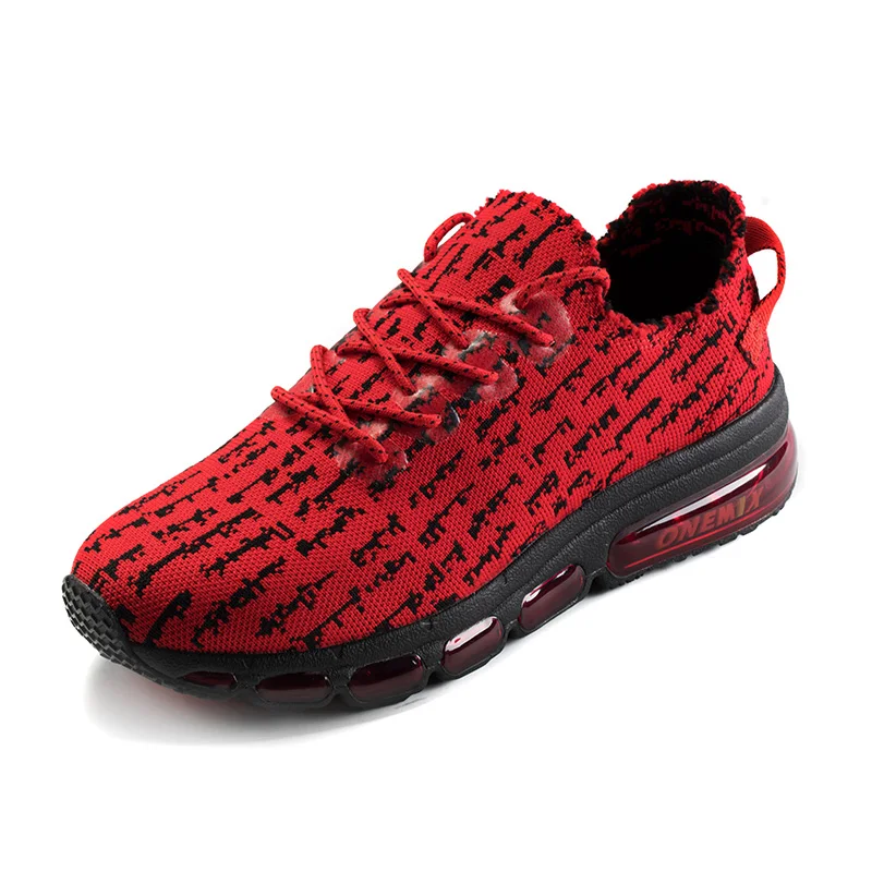 ONEMIX Men Trainers Running Shoes Breathable Mesh Red Graffiti Fashion Walking Sneakers Air Cushion Slip on Fitness Sports Shoes