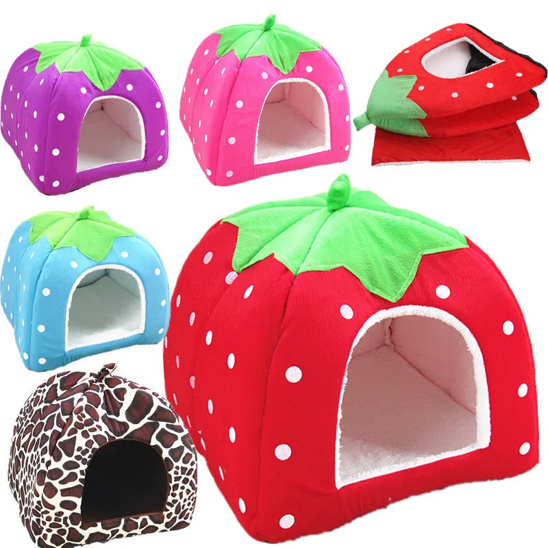 

New Pet Product Cat House Bed Foldable Soft Winter Leopard Dog Bed Strawberry Cave Dog House Kennel Nest Dog Fleece Cat Bed