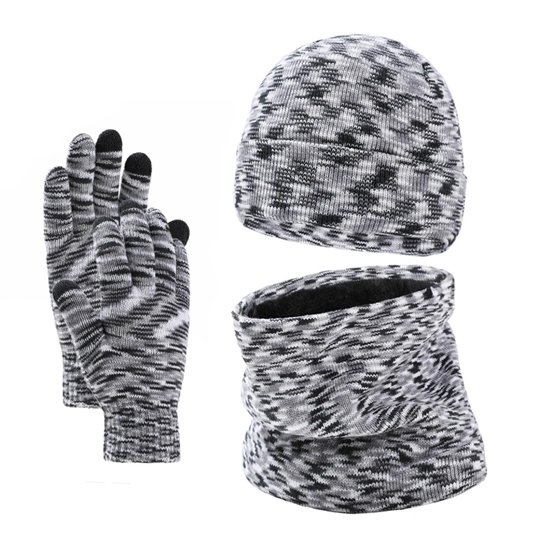 

2021 Autumn Winter Autumn Winter Cross-border Men and Women Knitted Thick Warmth Woolen Hat Scarf Gloves Three-piece Suit