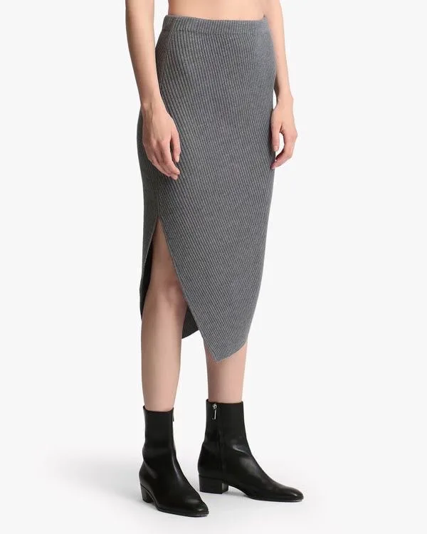 

2021 Women Skirt Early Autumn New Product Charming Curve Irregular Twisted Hemming Rib Slit Pure Wool Knit Half Skirt Women