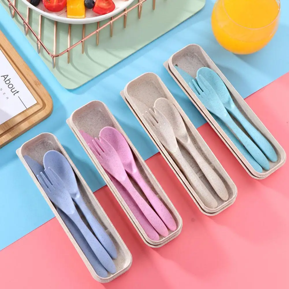 

3pcs Wheat Straw Knife Fork Spoon Gift Box Portable Cutlery Set Baby Feeding Food Supplement Dinnerware Student Tableware