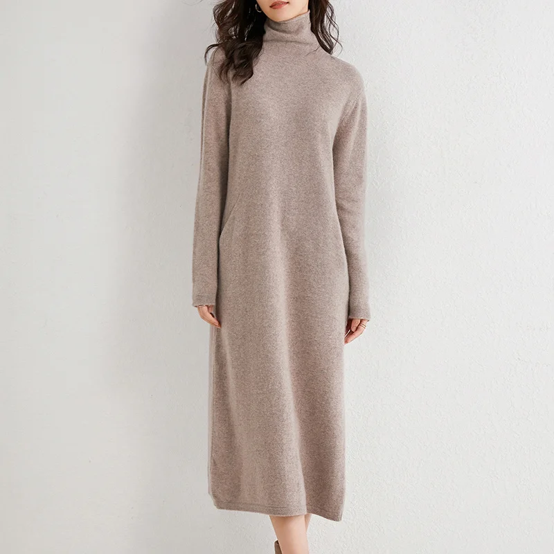 

Women Dress Longer 100% Cashmere and Wool Knitted Jumpers 2020 New Fashion Winter Turtleneck Dresses Female Mid-calf Pullovers