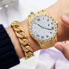 Часы со стразами и браслет для мужчин и женщин, роскошные парные, с красным циферблатом, зеленые, водные, призрачные, золотые, бриллиантовые, с календарем