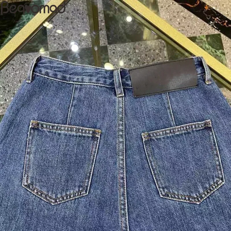 Bearomad Brand Designer 2021 Summer Women Blue Denim Shorts High Waist Moderate Washing Straight Type Bottoms Female Jeans