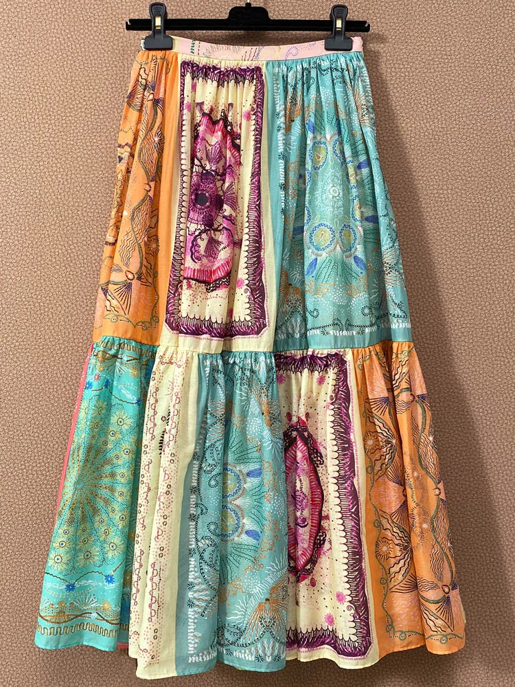 

Women Cotton Skirt 2021 Spring Summer Female Vintage Pink Print Tourism Holiday All Match Medium Length 100% Cotton Skirts New