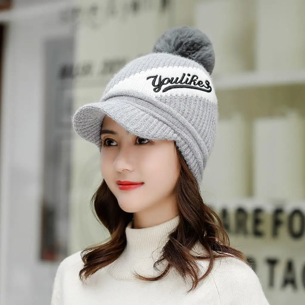 COKK Дамская шапка и шарф большой помпон меховой вязаный шарик шапка с шарфом воротники наборы для женщин девочек зимняя шапка ветрозащитная защита для ушей - Цвет: Grey hat