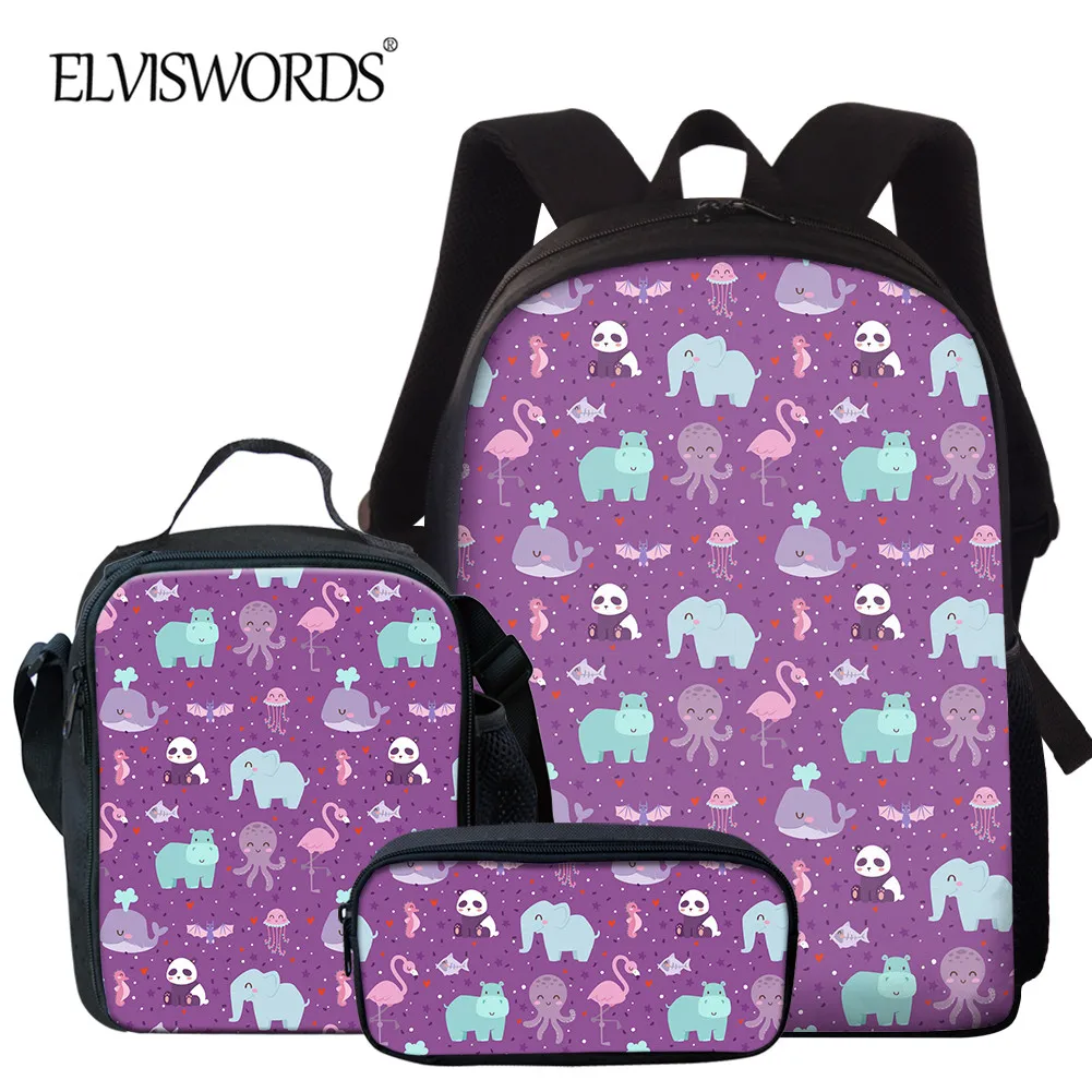 

Детский Школьный рюкзак ELVISWORDS с рисунком животных, 3 шт./компл., сумка для учеников начальной школы, книга кавайи, сумка для мальчиков и девоч...