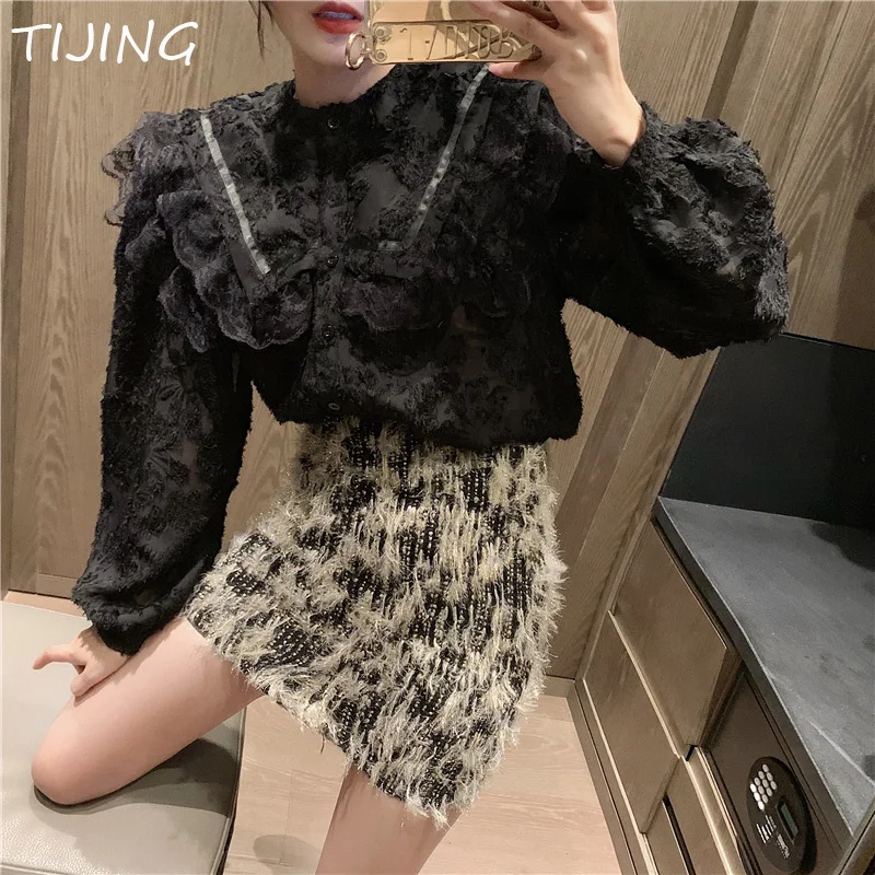 Осенняя модная женская блузка с длинным рукавом белые кружевные топы летние