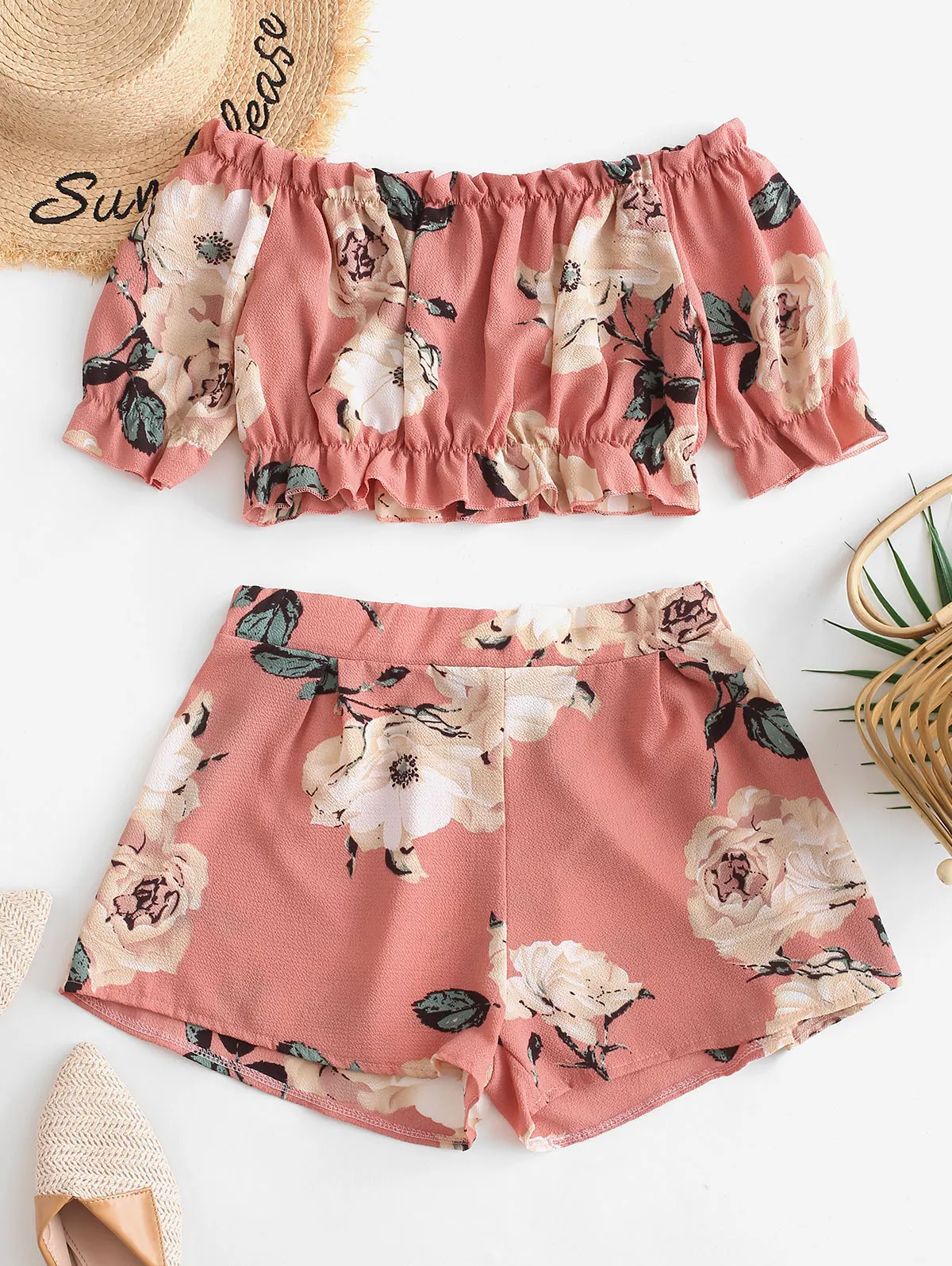 Укороченный цветочный Комплект из двух предметов с открытыми плечами женский