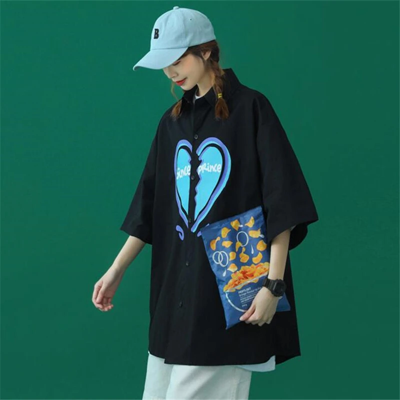 

2021 Summer Fashion New Style Loose Large Size Single-Breasted Lapel Short-Sleeved Thin Print Shirt Tops Women Trendy H162