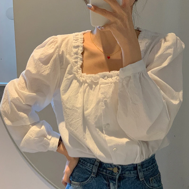 

ZAWAHIKI Spring2021 Korean Sweet Women Shirt Square Collar Edible Tree Fungus Single Breasted Solid Top Loose Long Sleeve Blusas