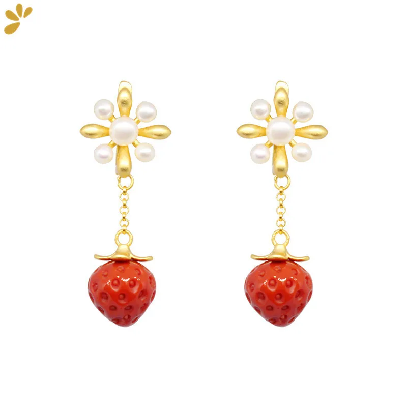 

925 Sterling Silver Gold Plated Red Agate Pearl Strawberry Drop Earrings Women Girls Spring Lovely Cute Natural Stone Earring