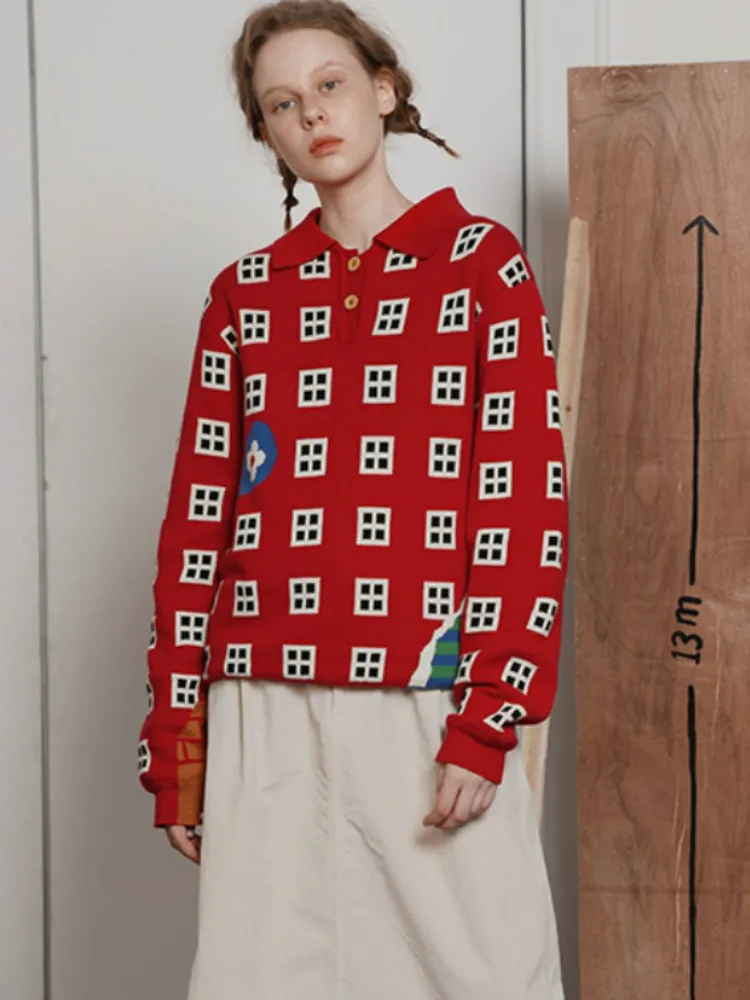 

Women Winter Red Sweater Window Pattern Thick Pullover Knitwear Sweaters Long Sleeve Turn Down Collar Red Jumper Tops