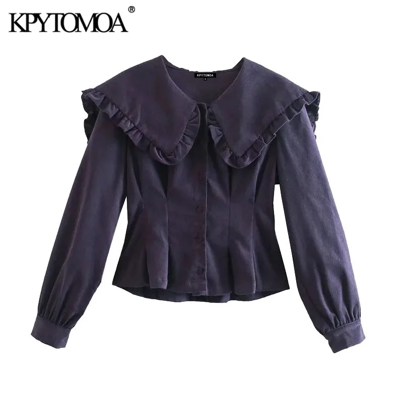 

KPYTOMOA Women 2021 Sweet Fashion Ruffled Corduroy Fitted Blouses Vintage Long Sleeve Button-up Female Shirts Blusas Chic Tops