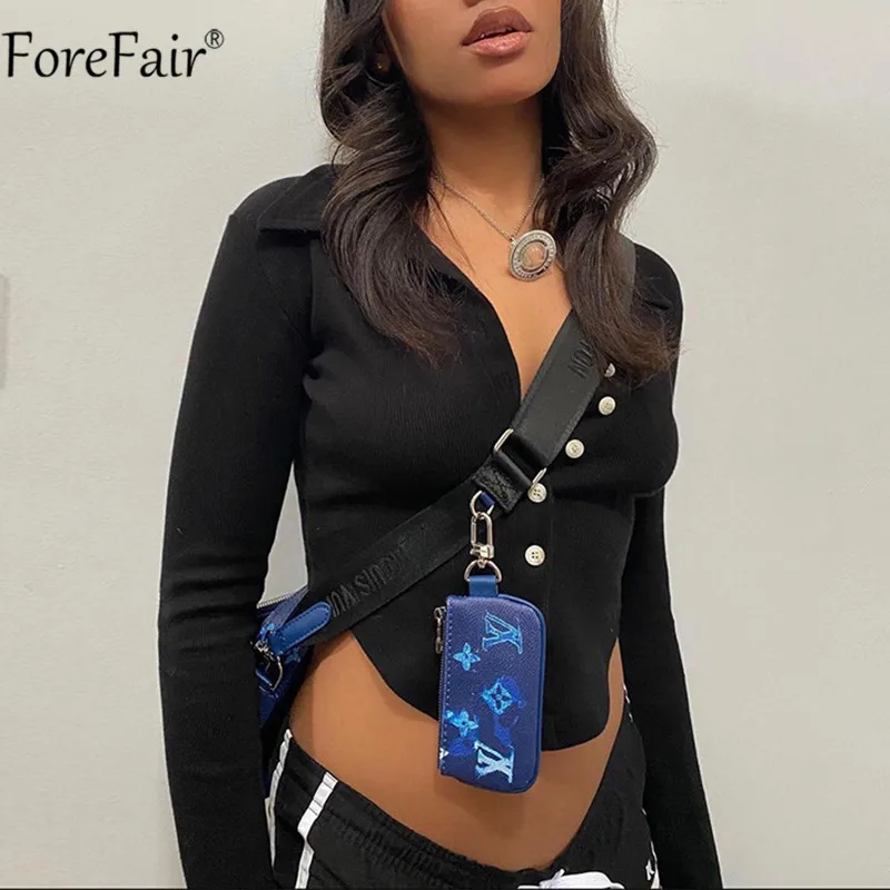 

Forefair 2021 Black Long Sleeve Crop Top Women Buttons Ribber V Neck Tee Autumn Sexy Casual Vintage T Shirts Ladies