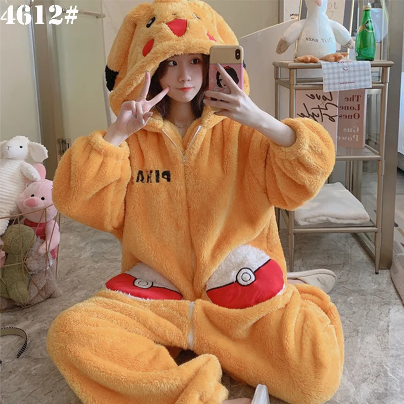Flannel Pajamas One-piece Women's Coral Velvet Home Clothes Lovely Cartoon Hooded Pajamas Set Winter Pajamas