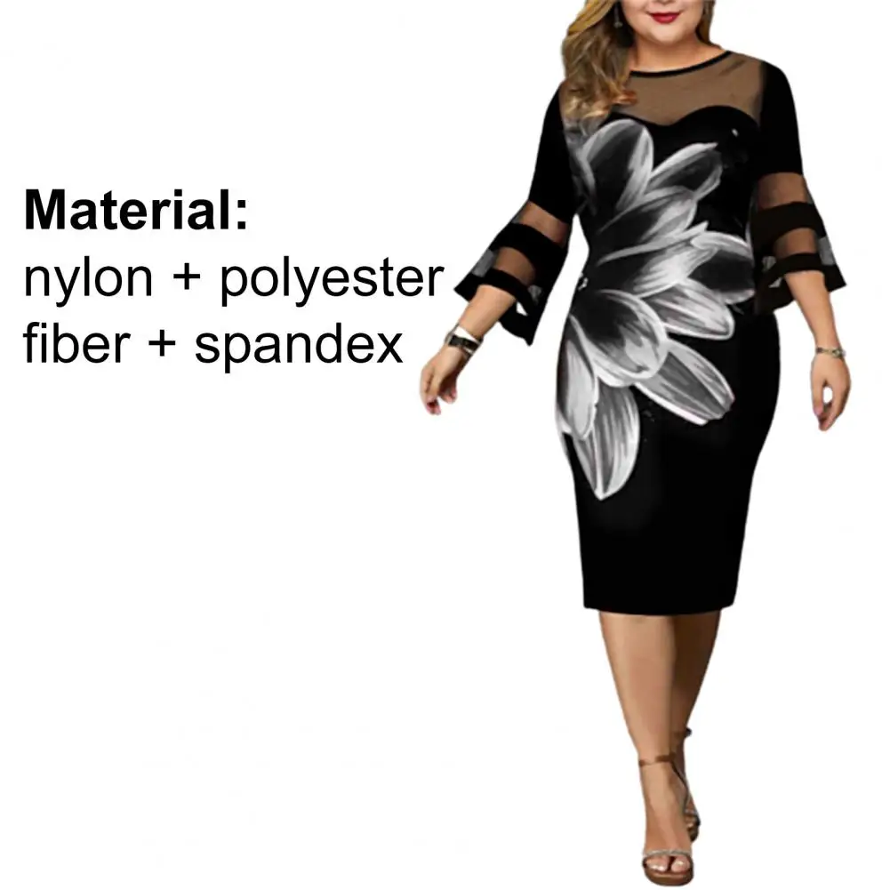 

Summer Dress Women Sexy 3/4 Sleeve Mesh Patchwork Floral Print Bodycon Knee-length Bodycon Elegant Summer party ropa mujer