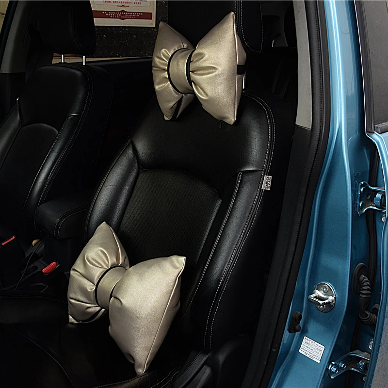 

Car seats accessories pillows Gilrs bowknot auto headrest neck pillow pu leather car safety backrest waist lumbar support for