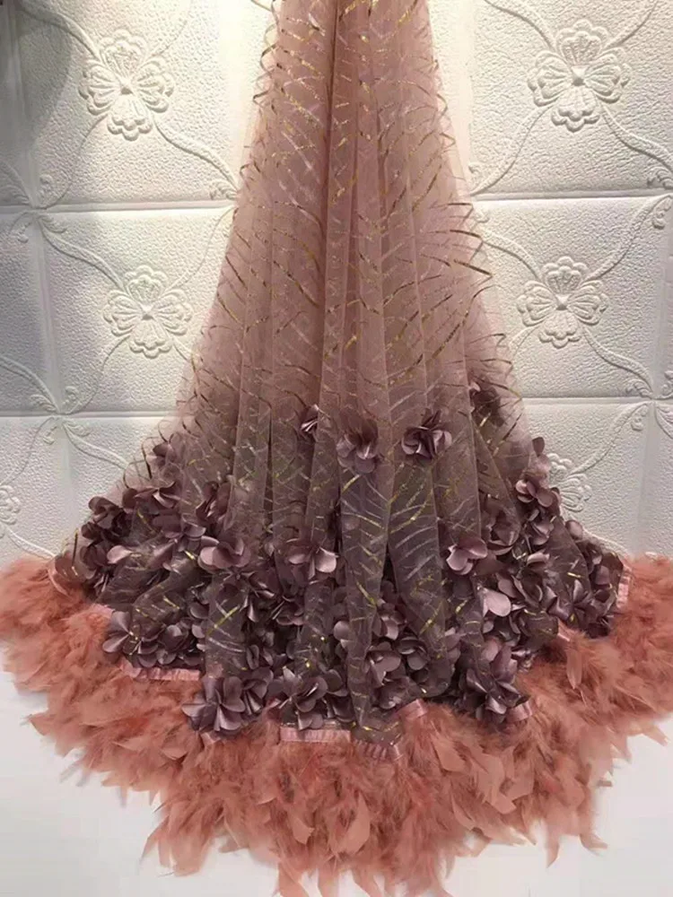 Модные золотые блестки сетчатый с перьями Африканской ажурной вышивкой