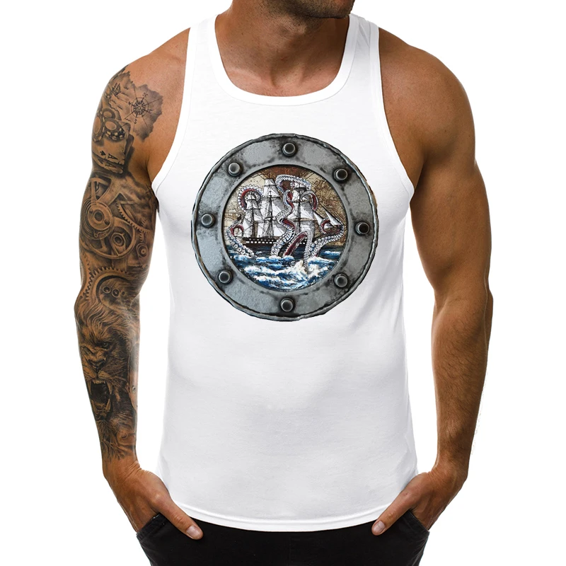 

Fashion Kraken Attack Men Tank Tops Funny Vintage Octopus Attacking Ship Printed Sleeveless Tee Hipster Singlet Casual Vest