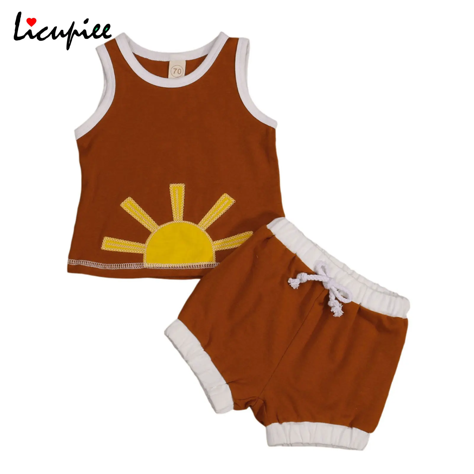 

0-24 Months 2 Pieces Kids Suit Set Sun Embroidery Round Neck Camisole+ Short Pants for Summer, Brown/yellow/white