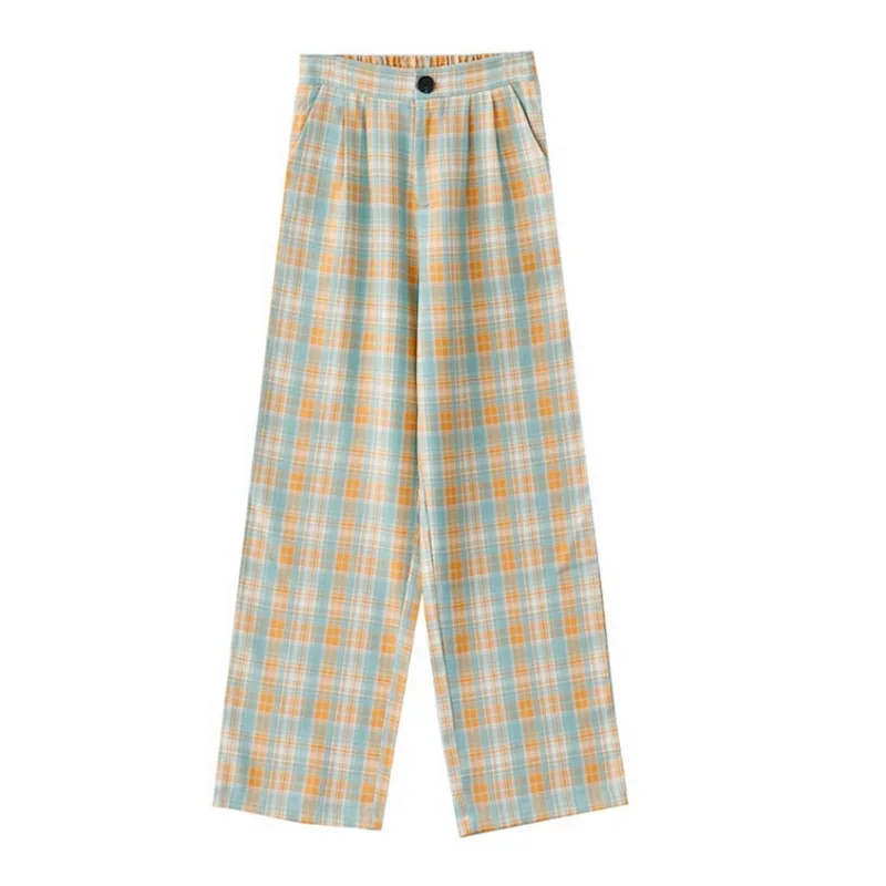 

Preppy Style 2021 Spring New Women Fashion Vintage Plaid Straight Pants Casual Loose Retro Pants