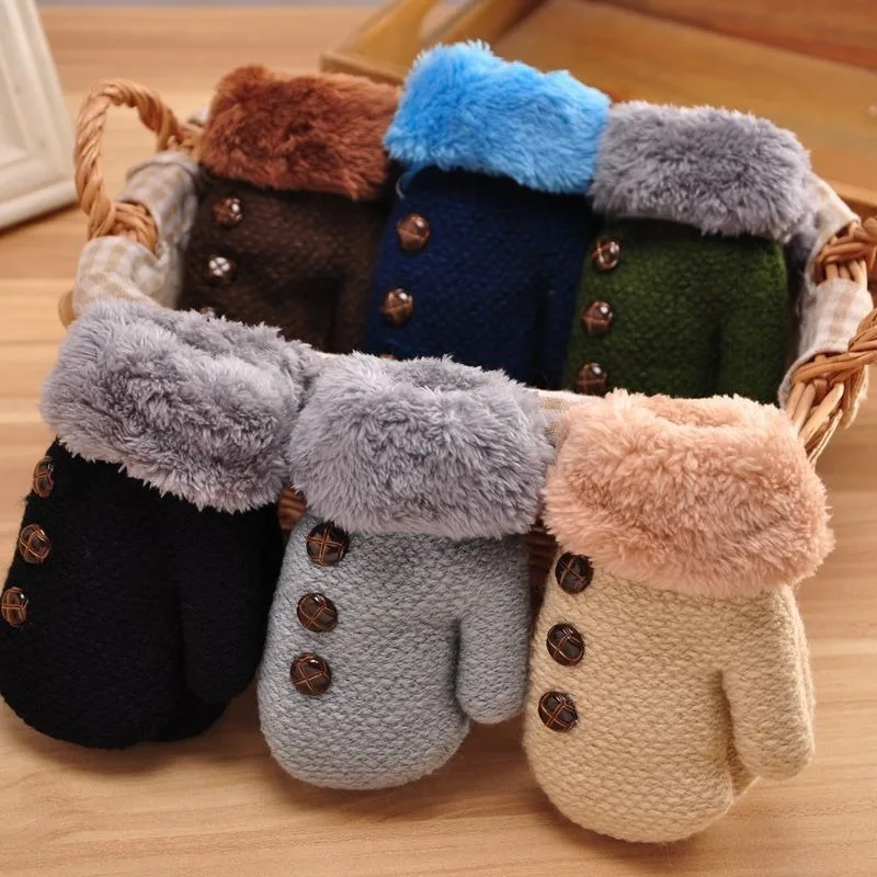 

0-3y/4-7y Kids Boys Winter Thickening Gloves Baby Girls Warm Mittens Children Heavy Knitting Fleece Inside Soft Flexible Child