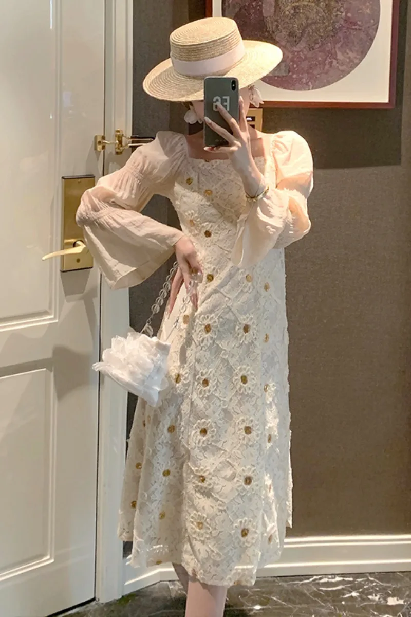 

Dresses for Women Summer French Royal Style Niche Square Collar A- line Dress Long Sleeve Lace Vacation Retro Dresses