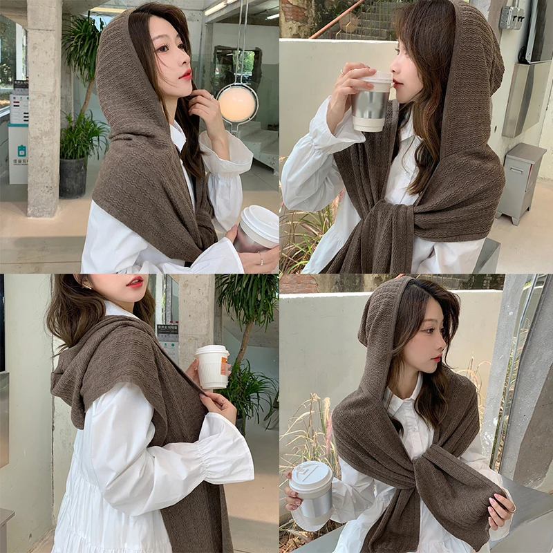 

2021 New Ear Warmer Wrap Winter Knit Hooded Scarf Pullover Headscarf Hoodie Hat Neck Scarf Scarf Female Shawls Wraps