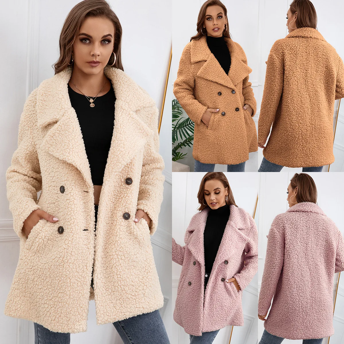 

Lamb Wool Coat Women's 2021 Autumn Winter New Fashion Double Breasted Loose Lapel Plush Windbreaker Women