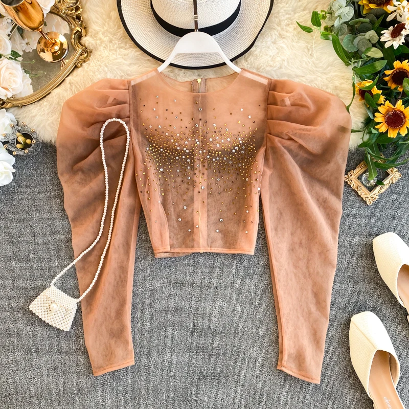 ALPHALMODA 2020 Весна кристалл шик перспективная укороченная блузка наряд тонкий