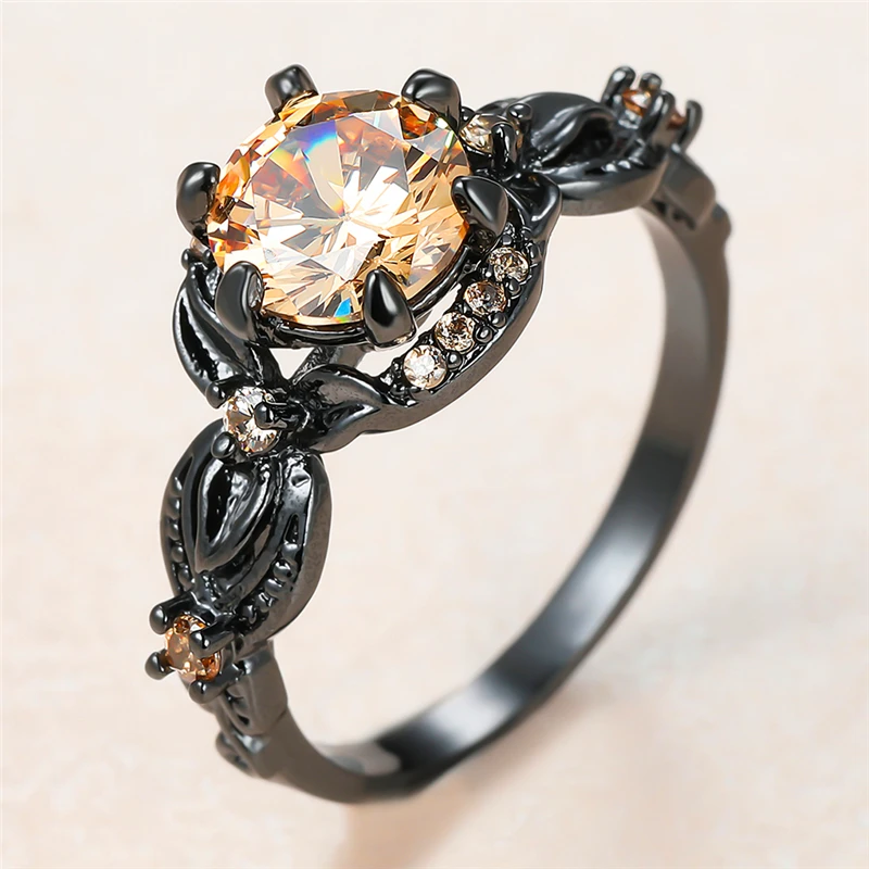 

Luxury Female Champagne Crystal Stone Ring 14KT Black Gold Wedding Rings For Women Small Round Zircon Flower Engagement Ring
