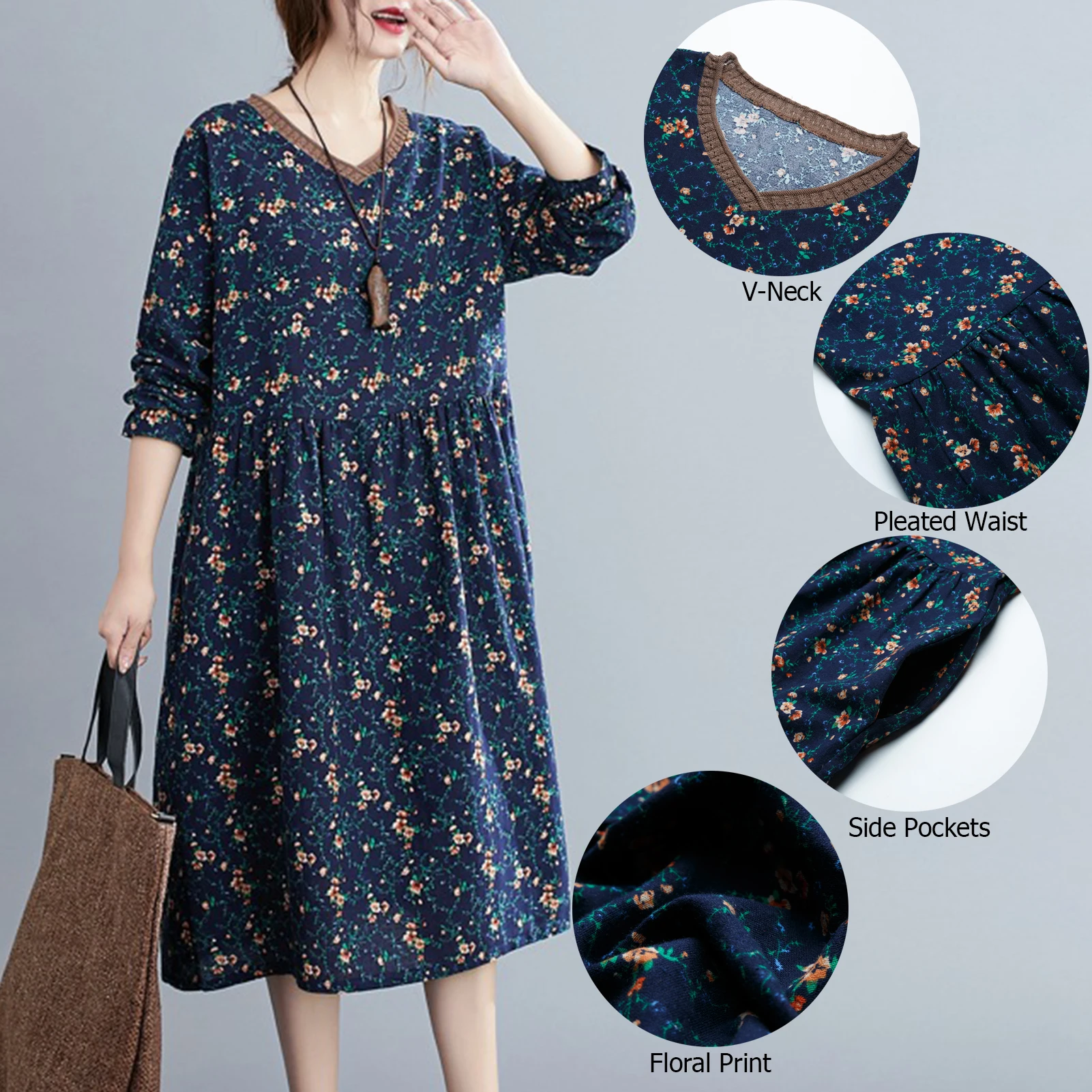 

Vintage Women Floral Print Dresses Long Sleeves Loose Pocket Oversized Vestidos Casual Robes Femme Sundress Autumn Spring