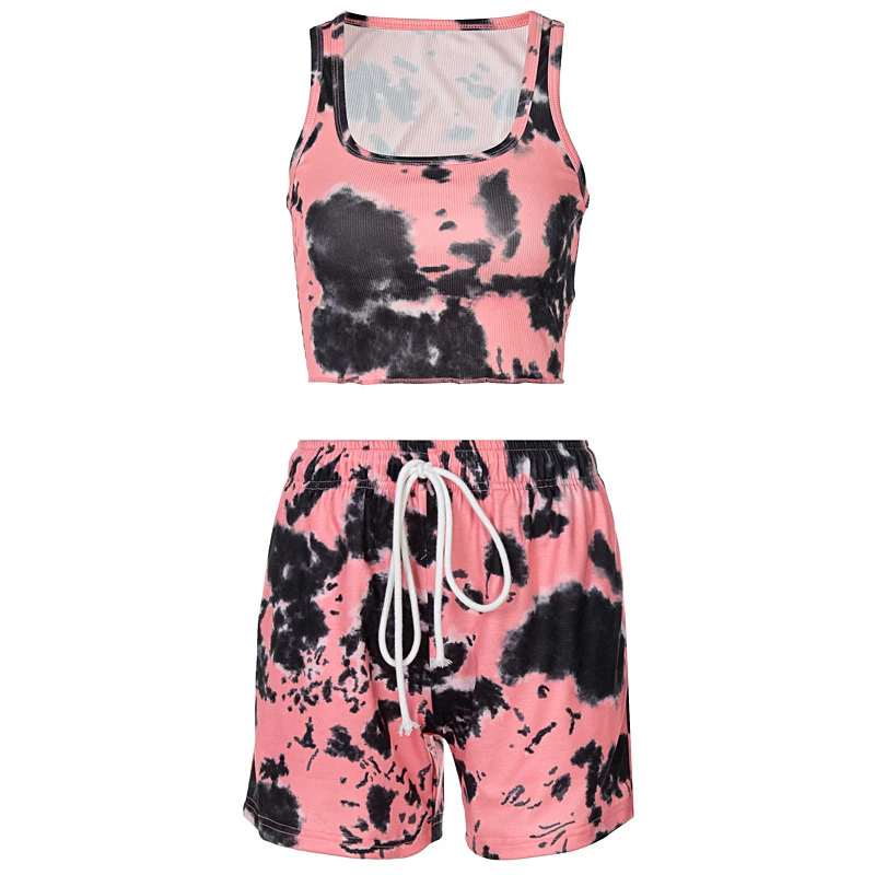 

Simenual Tie Dye Print Loungewear Women Sets Tank Top And Biker Short Sportswear Two Piece Outfits Casual Workout Slim Tracksuit