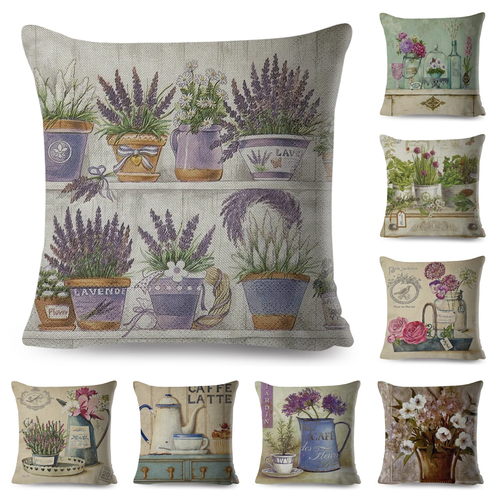 Car Retro Flowers Bonsai Cushion Cover for Sofa Home Decor Hand Painted Plant Floral Pillow Case Polyester Pillowcase 45x45cm