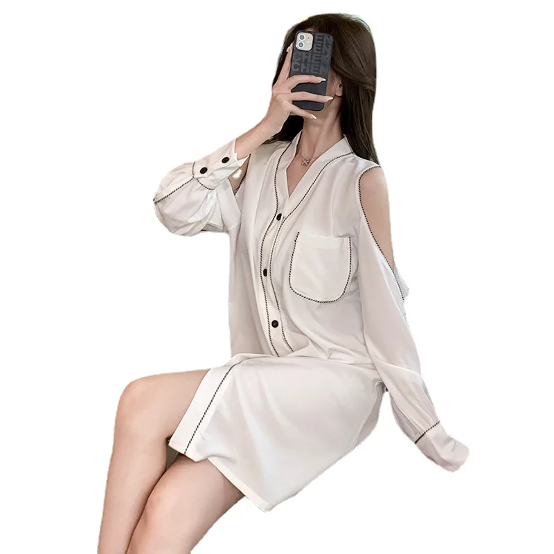 Shirt Nightdress Women's Sexy Nightgown Spring Autumn Long Sleeve Button Loose Cardigan Off Shoulder Housewear Lady Sleepwear