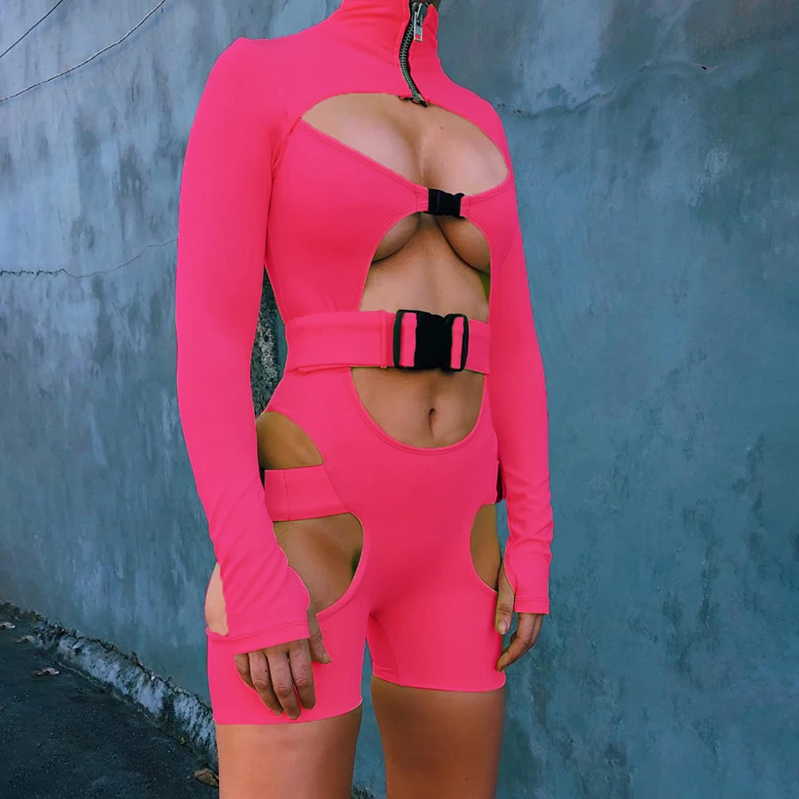 

Yiallen Sexy Skinny Stretch Activewear Romper With Belt Women Long Sleeve Hollow Out Button Zipper Jumpsuit Streetwear Outfit