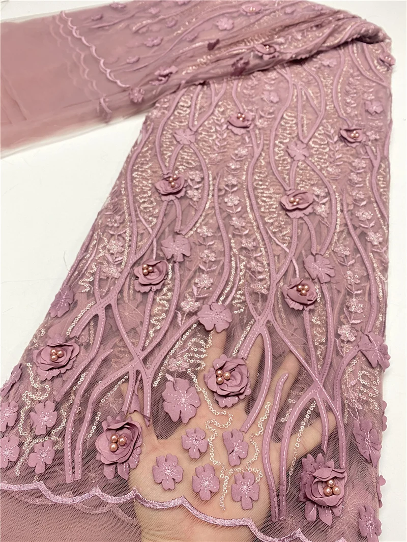 

African French Tulle Lace Fabric 2020 High Quality 3D Lace Applique With Beaded Bridal Nigerian Lace Fabrics Sewing YA3730B-1