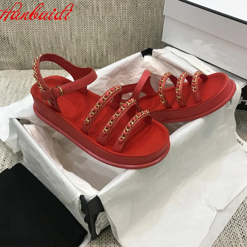 

Mental Chain Summer Sandal Women Genuine Leather Women Beach Shoes for Woman Summer Outdoor Flat Sandalias With Metal Chain 40