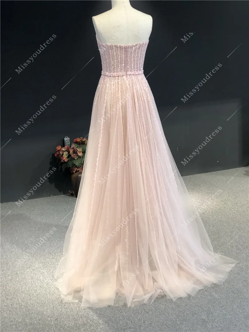 2021 فساتين السهرة Real Sample Light Pink Luxurious Beads Strapless A-line Floor Length Formal Prom Party Evening Dresses