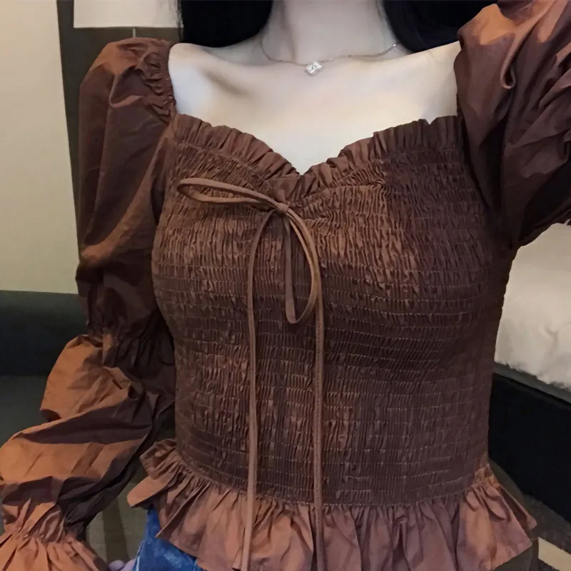 

Autumn long sleeve top 2020 new women's early autumn white short bubble sleeve square collar shirt design