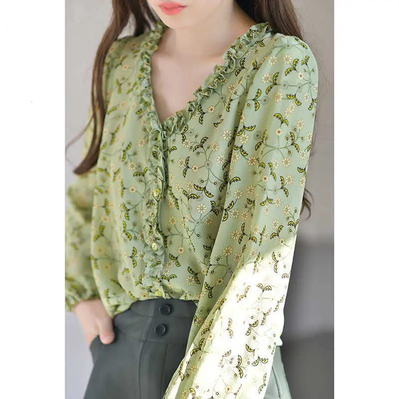 

Women's Spring Autumn Style Chiffon Blouses Shirt V-Neck Printed Button Long Sleeve Korean Elegant Tops