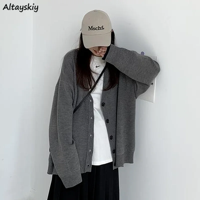 

Cardigan Women Cool Solid Color Lady Simple Single Breasted Streetwear Harajuku Loose Couple Knitting Clothing All-match Preppy