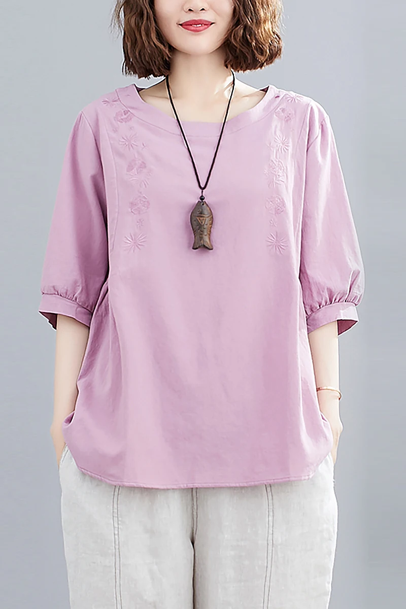 

LZMONE Large Summer Vintage Lantern Sleeve Embroidery Cotton Hemp Shirt Women's Slim And Versatile Round Collar Pullover Shirt