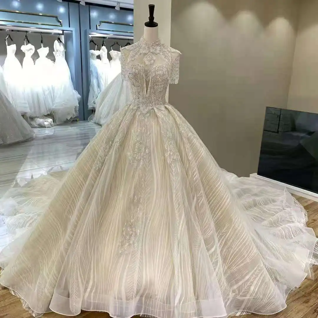 

Винтажное длинное кружевное свадебное платье А-силуэта с высоким воротом, вечернее платье-корсет, бальное платье для вечеринки со шлейфом